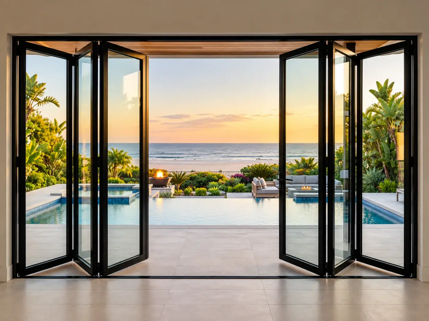Black aluminum bifold glass wall folded open to a pool and ocean view at sunset