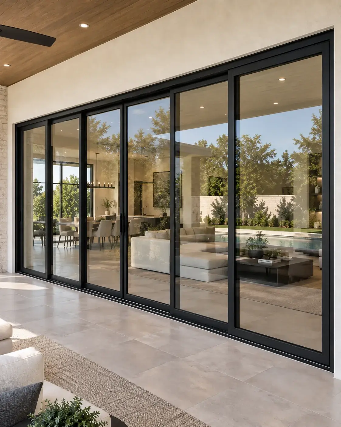 Black aluminum multi-slide doors along a covered patio in Austin