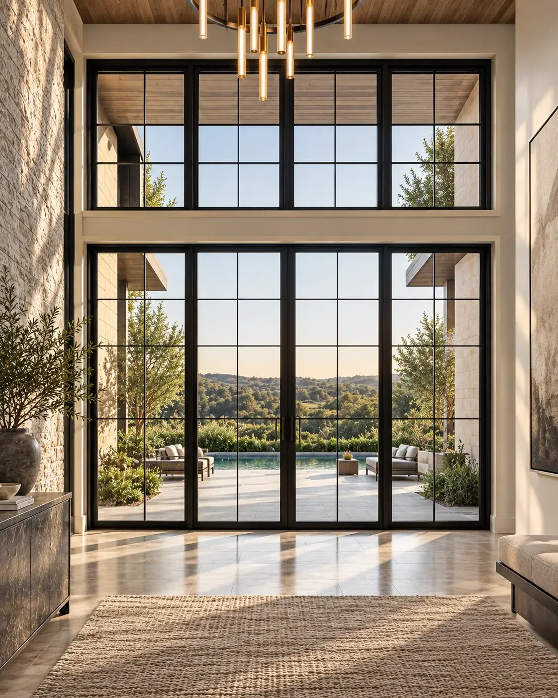 Two-story wall of black aluminum windows and doors overlooking a pool at sunset