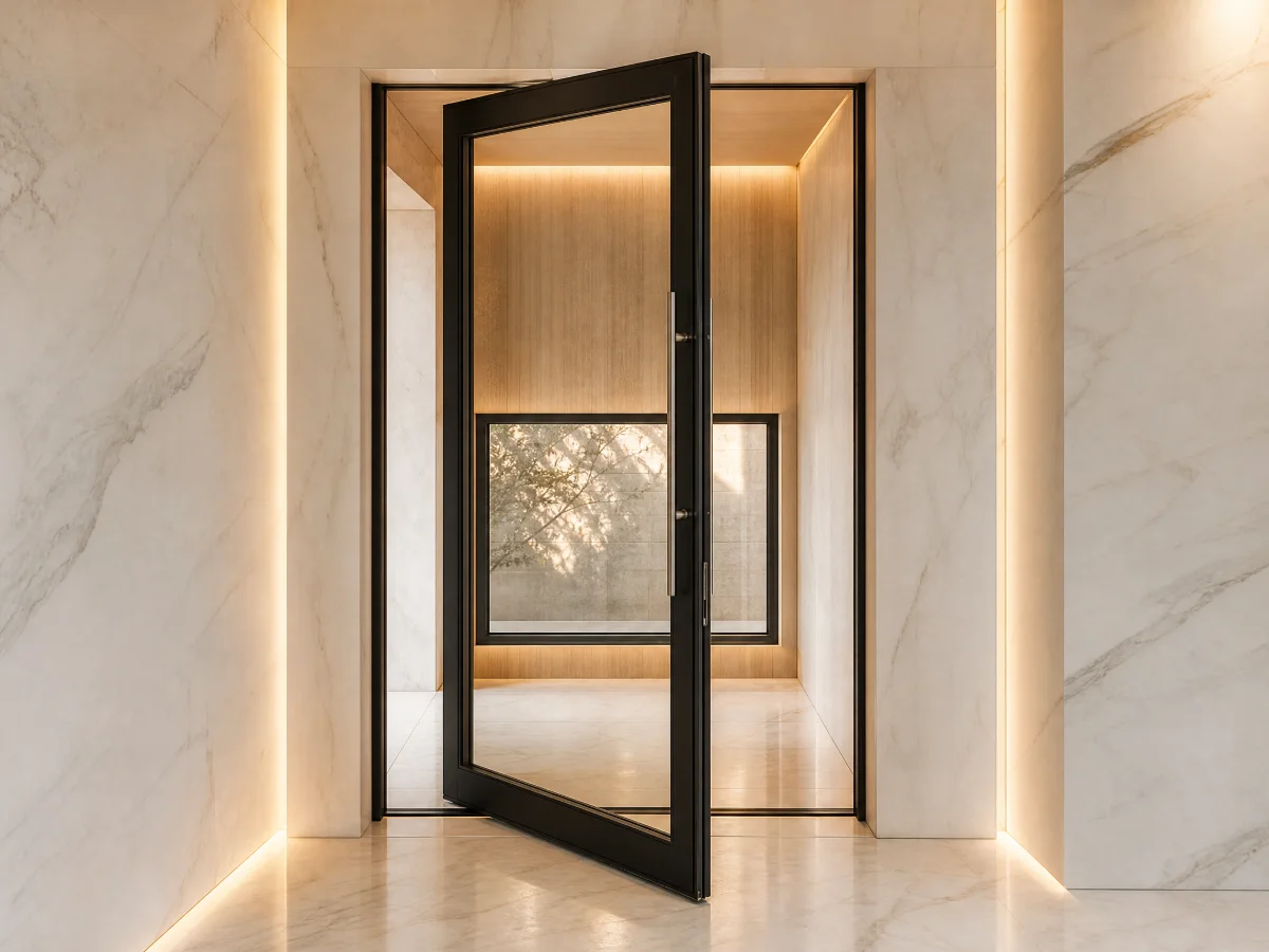 Oversized black iron pivot door open in a marble entry with backlit walls